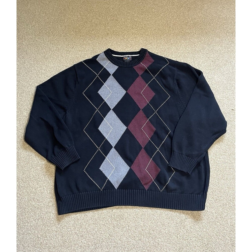Vintage Alexander Julian Mens 4XL Argyle Crewneck Cotton Sweater Black Red Gray